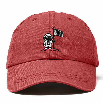 Dalix Moon Mission USA Flag Embroidered Dad Hat Adjustable Cotton Baseball Cap Unstructured Low Profile Everyday Americana Hat Mens in Washed Red