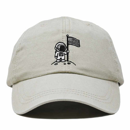 Dalix Moon Mission USA Flag Embroidered Dad Hat Adjustable Cotton Baseball Cap Unstructured Low Profile Everyday Americana Hat Mens in Washed Stone White