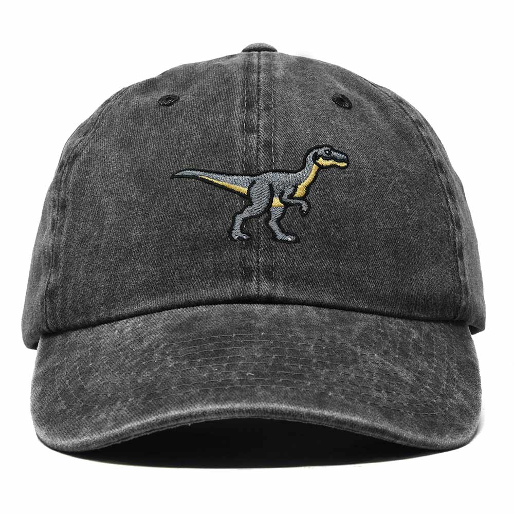 Dalix Velociraptor Embroidered Dinosaur Cotton Summer Outdoor Baseball Cap Dad Hat Mens in Washed Black