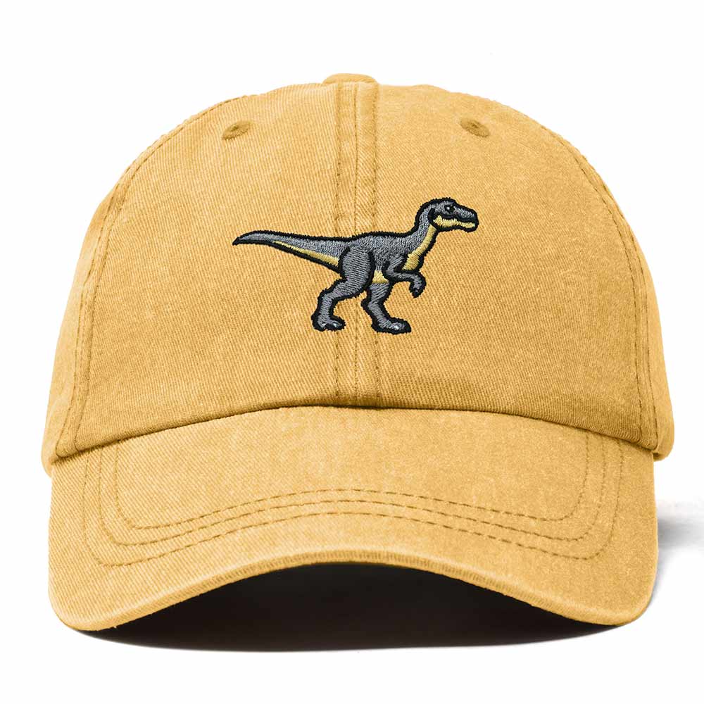 Dalix Velociraptor Embroidered Dinosaur Cotton Summer Outdoor Baseball Cap Dad Hat Mens in Washed Gold