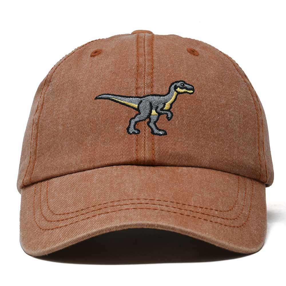 Dalix Velociraptor Embroidered Dinosaur Cotton Summer Outdoor Baseball Cap Dad Hat Mens in Washed Orange