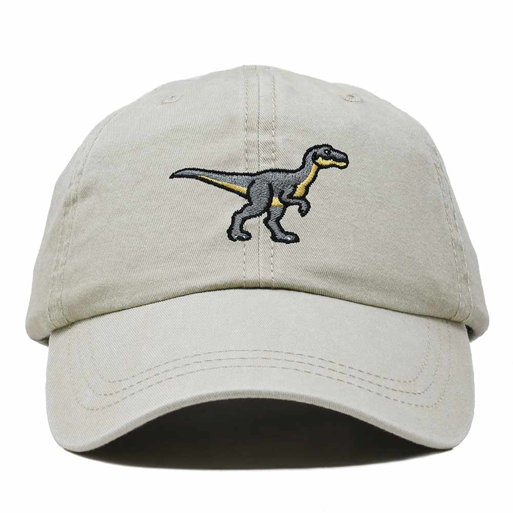 Dalix Velociraptor Embroidered Dinosaur Cotton Summer Outdoor Baseball Cap Dad Hat Mens in Washed Stone White