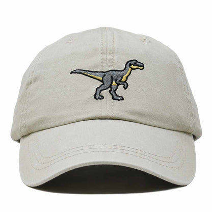 Dalix Velociraptor Embroidered Dinosaur Cotton Summer Outdoor Baseball Cap Dad Hat Mens in Washed Stone White