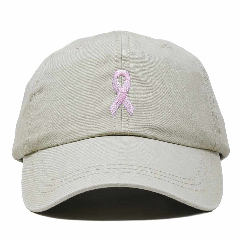 Dalix Pink Ribbon Dad Hat Breast Cancer Awareness Adjustable Cotton Baseball Cap Unstructured Low Profile Cap Womens in Washed Stone White