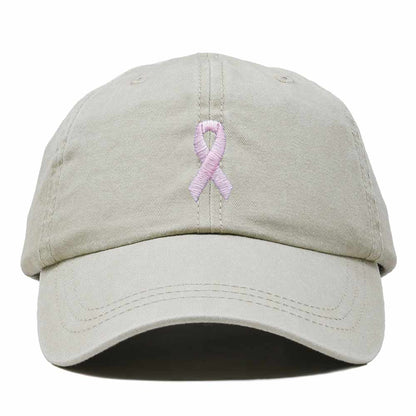 Dalix Pink Ribbon Dad Hat Breast Cancer Awareness Adjustable Cotton Baseball Cap Unstructured Low Profile Cap Womens in Washed Stone White