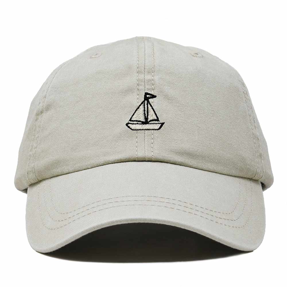 Dalix Sailboat Embroidered Adjustable Cotton Twill Nautical Dad Hat for Men in Washed Stone White