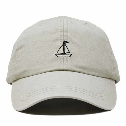 Dalix Sailboat Embroidered Adjustable Cotton Twill Nautical Dad Hat for Men in Washed Stone White