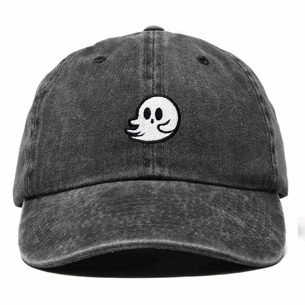 Dalix Whisper Ghost Embroidered Cotton Outdoor Baseball Cap Dad Hat Mens in Washed Black