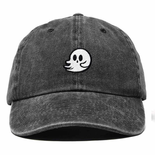 Dalix Whisper Ghost Embroidered Cotton Outdoor Baseball Cap Dad Hat Mens in Washed Black