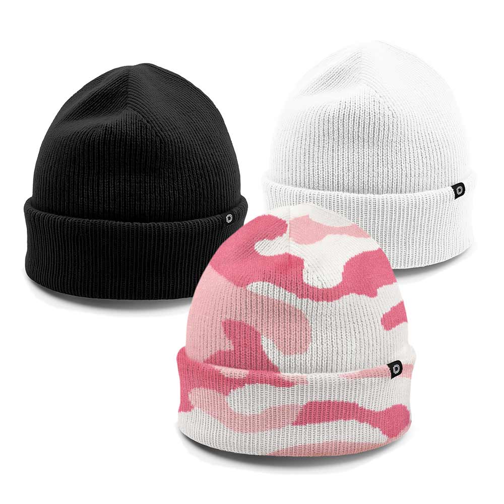 Dalix Beanie (3 Pack) in Black, Pink Camo, and White