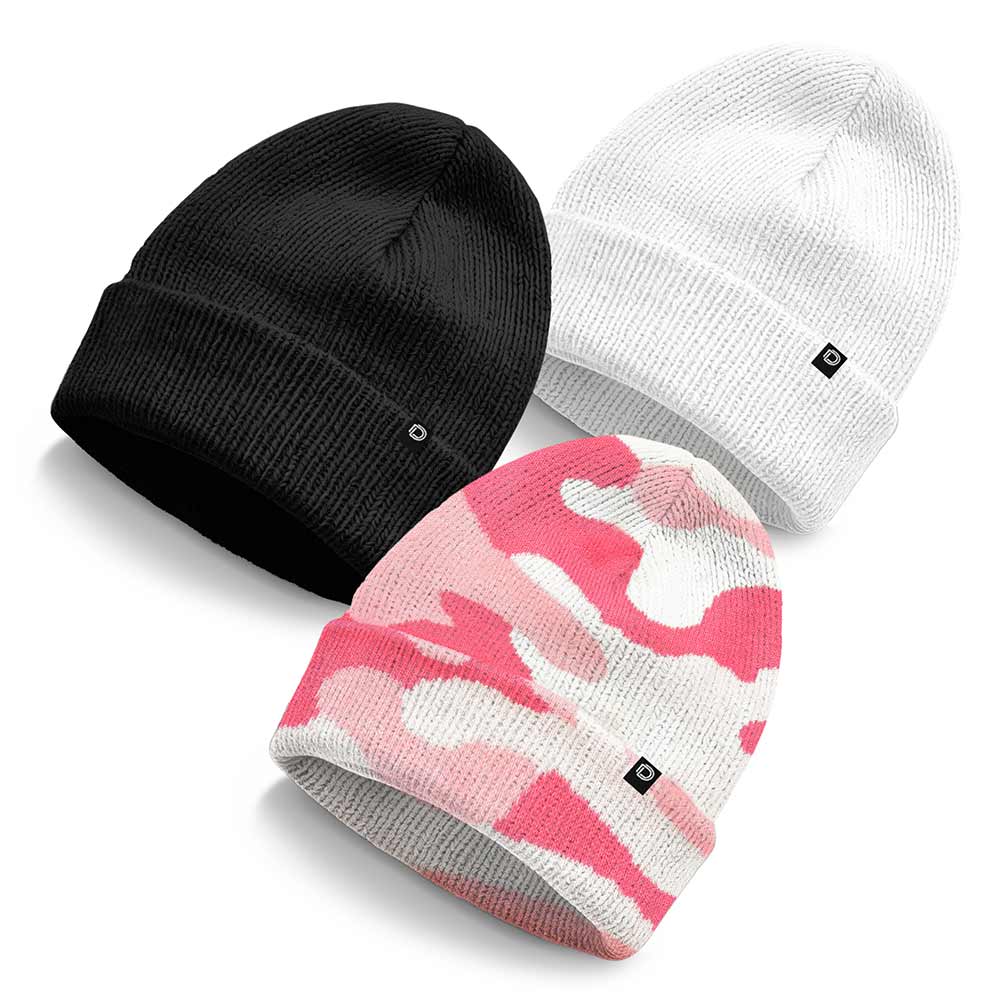 Dalix Beanie (3 Pack) in Black, Pink Camo, and White
