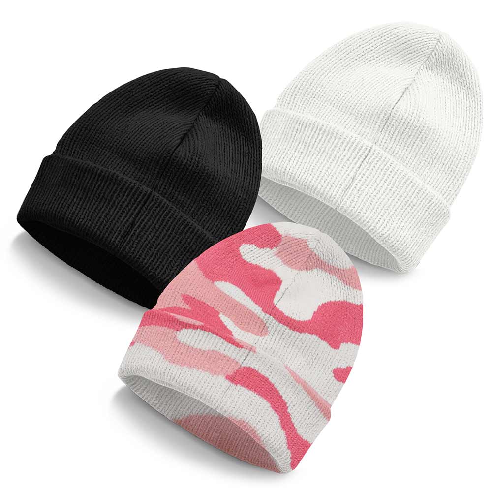 Dalix Beanie (3 Pack) in Black, Pink Camo, and White