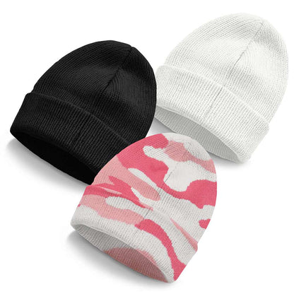 Dalix Beanie (3 Pack) in Black, Pink Camo, and White