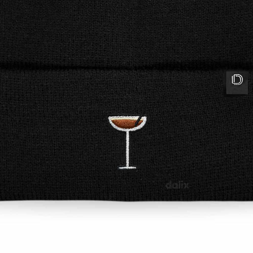 Dalix Coffee Martini Embroidered Beanie Food Warm Winter Knit Hat Women in Black