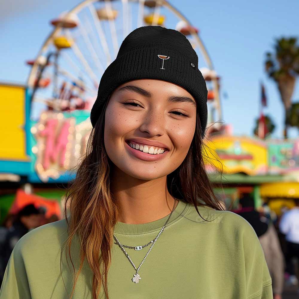 Dalix Coffee Martini Embroidered Beanie Food Warm Winter Knit Hat Women in Black