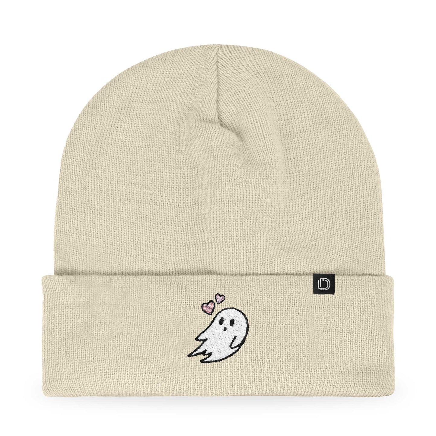 Dalix Heartly Ghost Embroidered Beanie Hat Knit Cap Cold Weather Womens in Beige