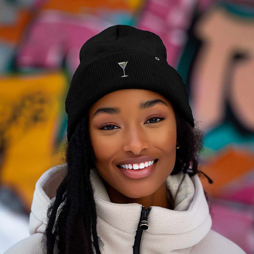 Dalix Martini Embroidered Beanie Food Warm Winter Knit Hat Women in Black