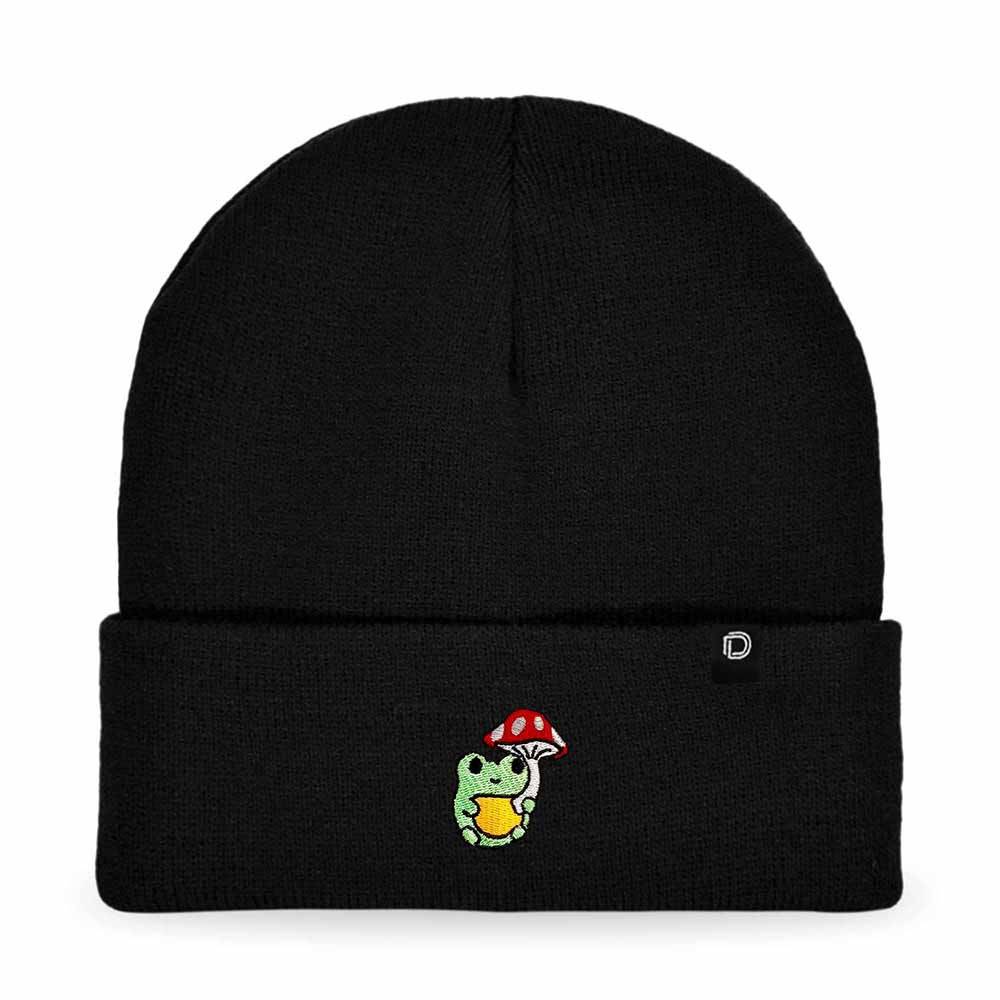 Dalix Mushroom Frog Embroidered Beanie Hat Cotton Cute Winter Fall Cap Womens in Black