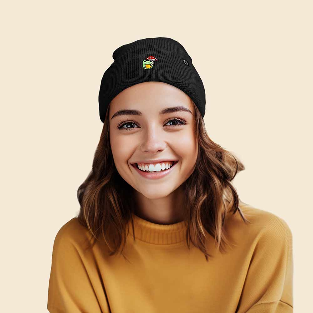 Dalix Mushroom Frog Embroidered Beanie Hat Cotton Cute Winter Fall Cap Womens in Black