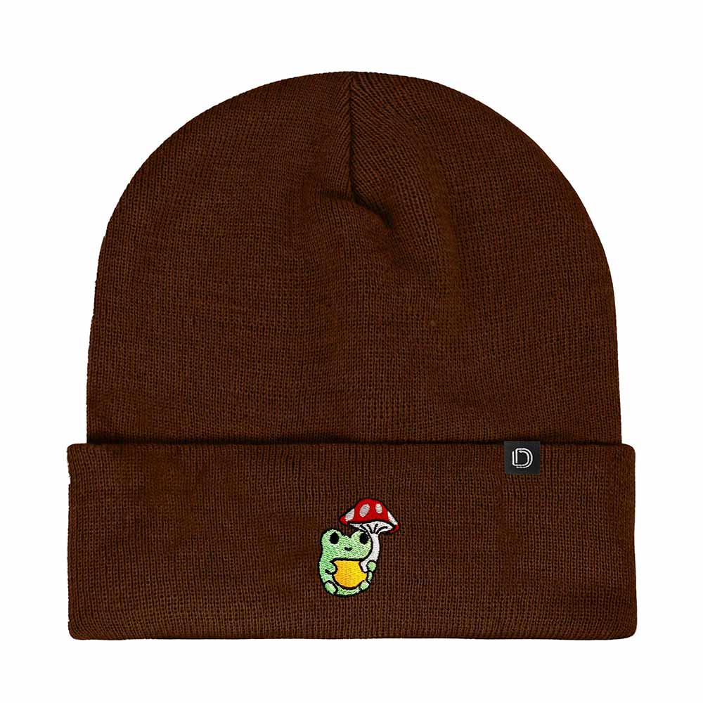 Dalix Mushroom Frog Embroidered Beanie Hat Cotton Cute Winter Fall Cap Womens in Brown