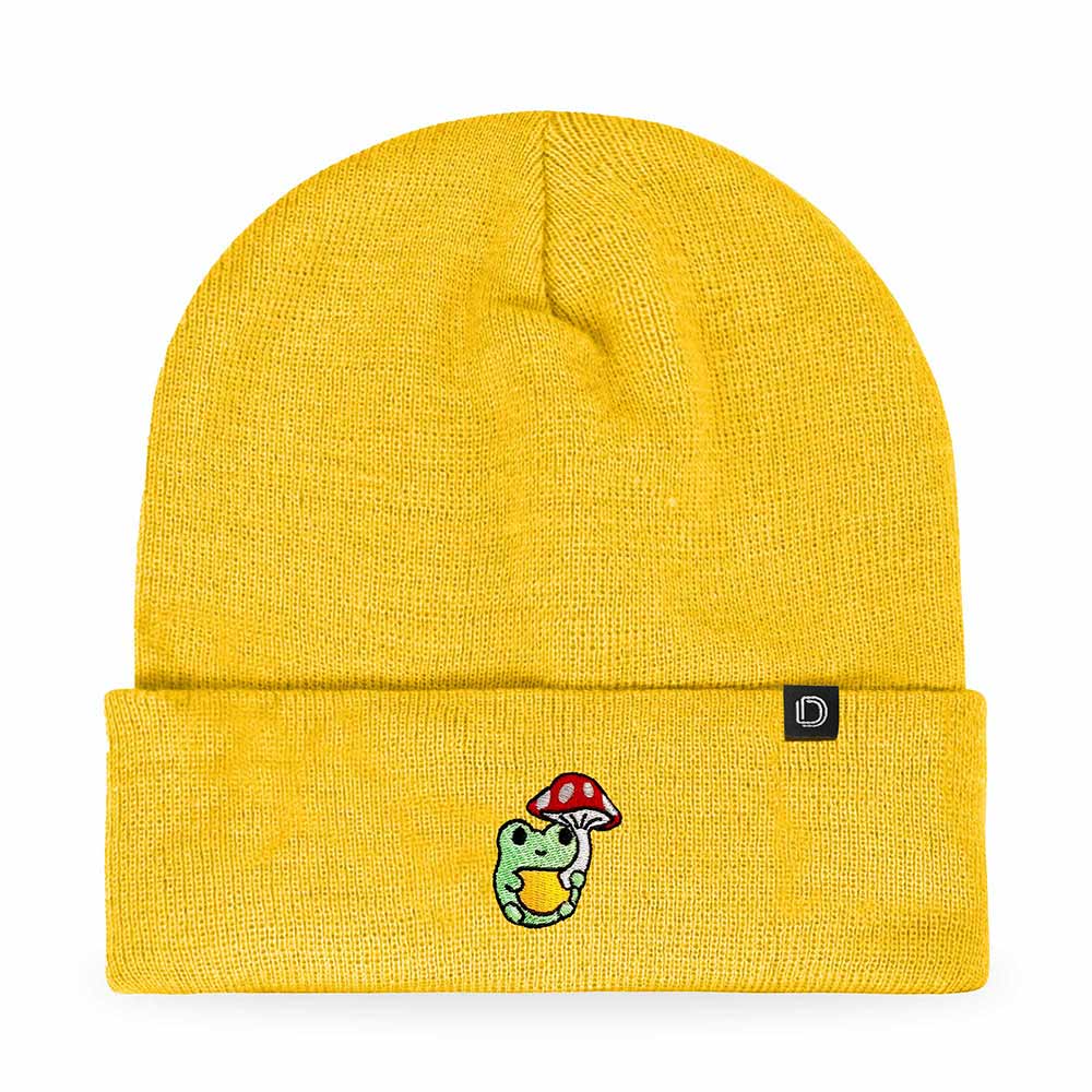 Dalix Mushroom Frog Embroidered Beanie Hat Cotton Cute Winter Fall Cap Womens in Gold