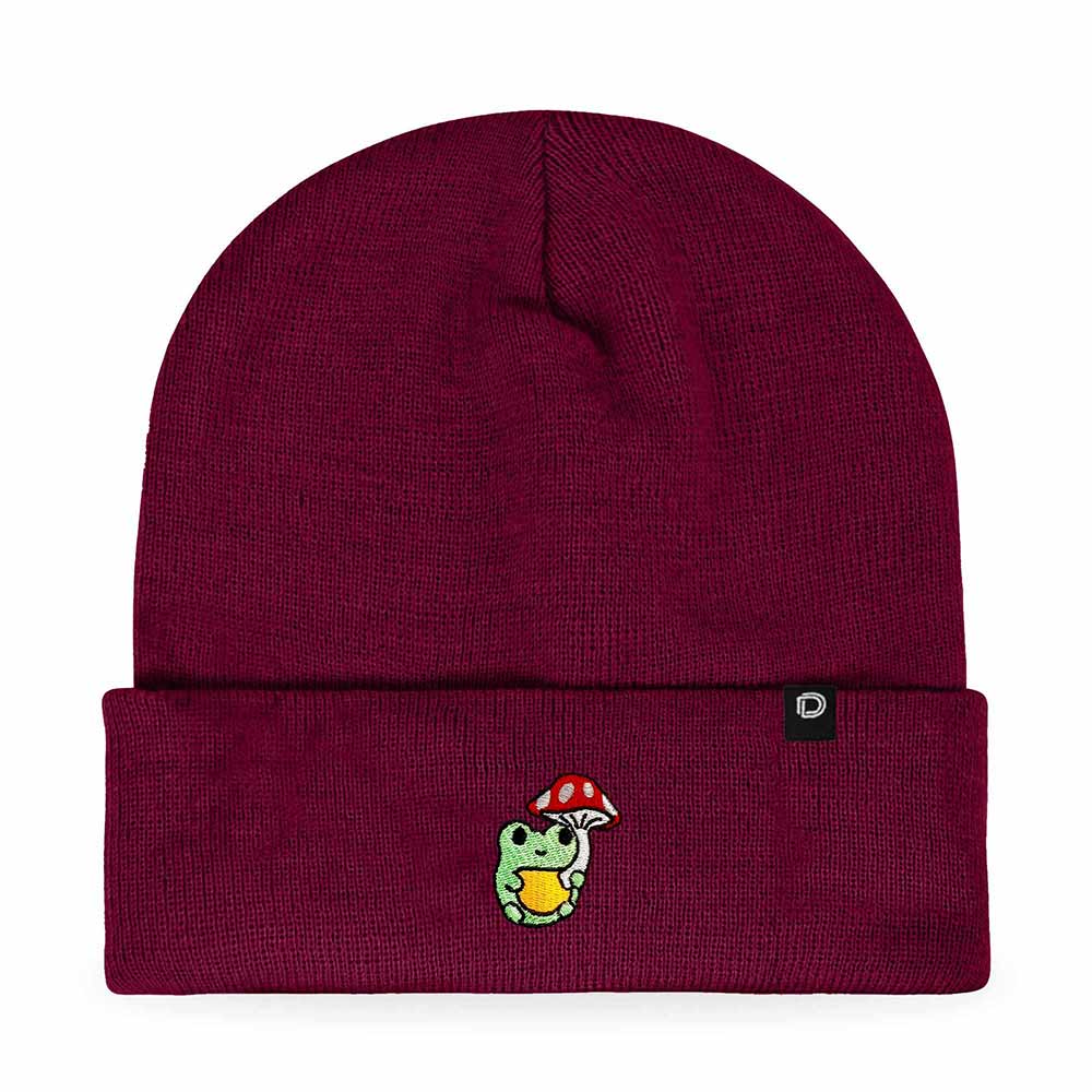 Dalix Mushroom Frog Embroidered Beanie Hat Cotton Cute Winter Fall Cap Womens in Maroon