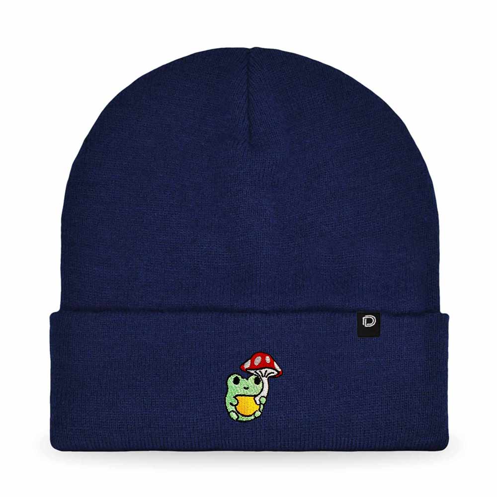 Dalix Mushroom Frog Embroidered Beanie Hat Cotton Cute Winter Fall Cap Womens in Navy Blue