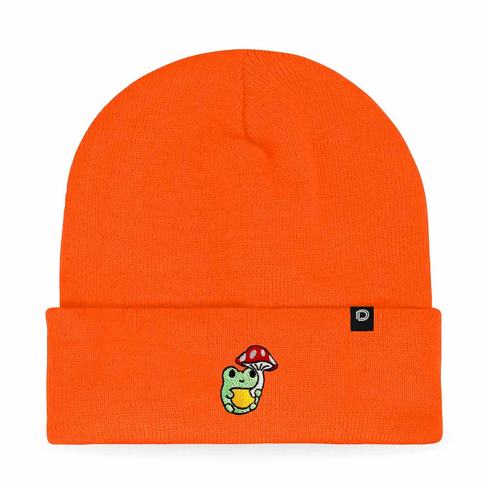 Dalix Mushroom Frog Embroidered Beanie Hat Cotton Cute Winter Fall Cap Womens in Neon Orange