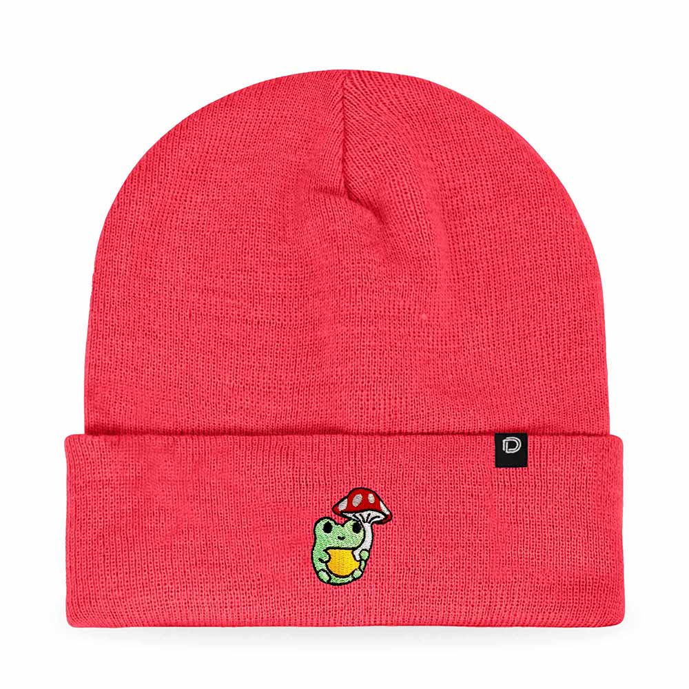 Dalix Mushroom Frog Embroidered Beanie Hat Cotton Cute Winter Fall Cap Womens in Neon Pink