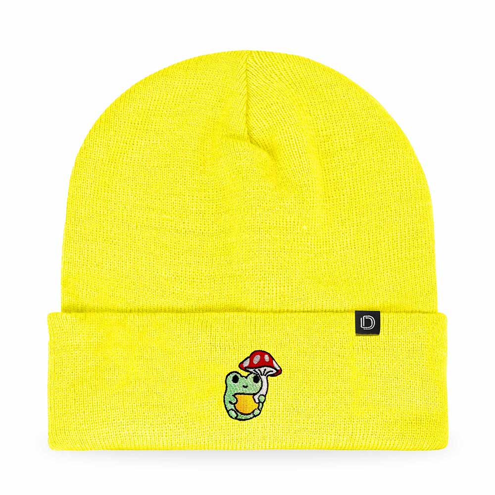 Dalix Mushroom Frog Embroidered Beanie Hat Cotton Cute Winter Fall Cap Womens in Neon Yellow