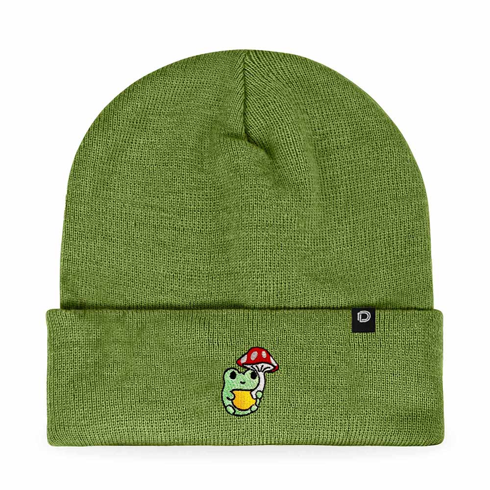Dalix Mushroom Frog Embroidered Beanie Hat Cotton Cute Winter Fall Cap Womens in Olive
