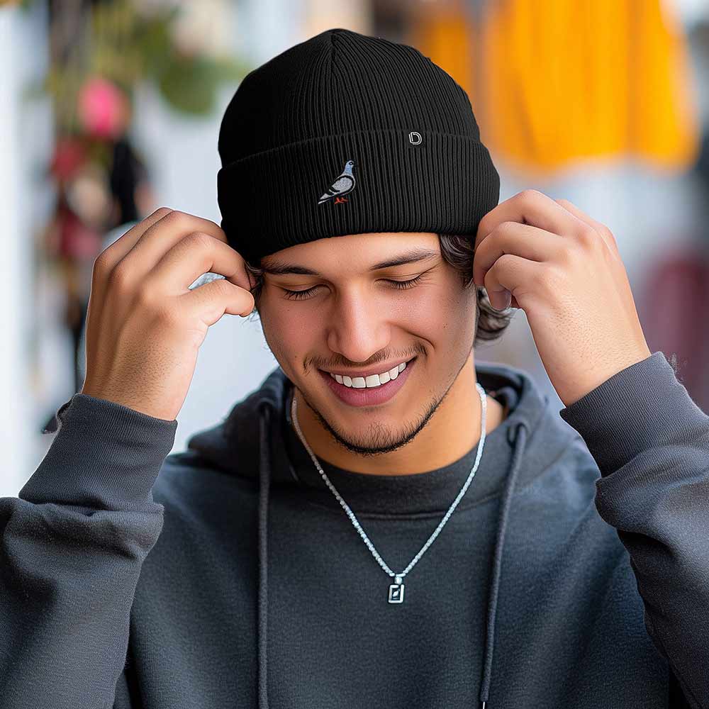 Dalix Pigeon Embroidered Beanie Warm Winter Cap Knit Hat Mens in Black