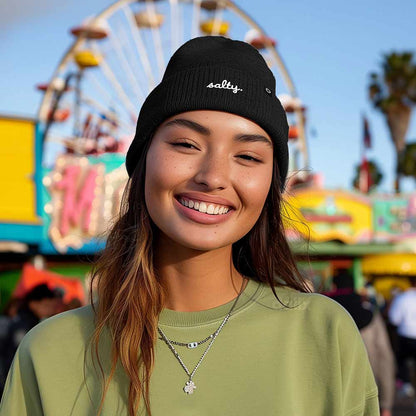 Dalix Salty Embroidered Beanie Warm Winter Knit Hat Women in Black
