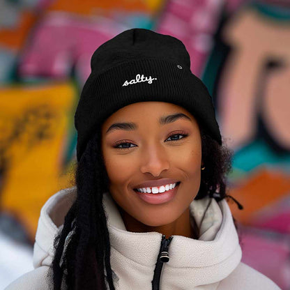 Dalix Salty Embroidered Beanie Warm Winter Knit Hat Women in Black