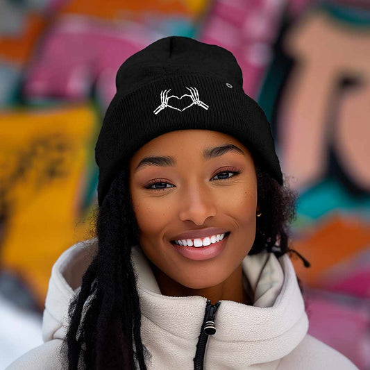 Dalix Heart of Bones Embroidered Beanie Hat Knit Cap Cold Weather Womens in Black