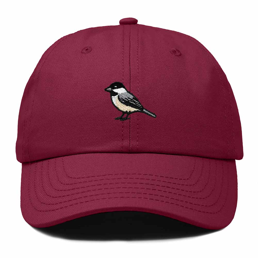 Dalix Black Capped Chickadee Massachusetts Embroidered Bird Cotton Baseball Cap Dad Hat Mens Womens Outdoor Summer in Maroon