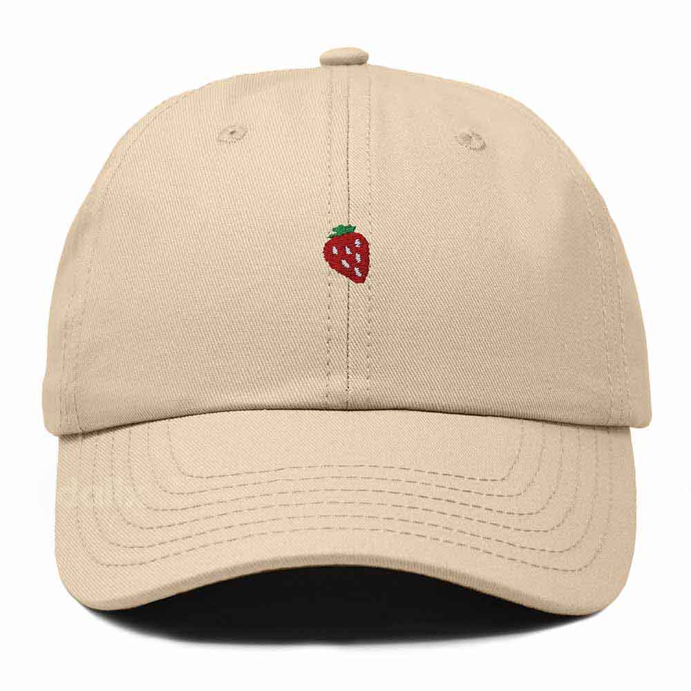 Dalix Lil Strawberry Embroidered Cotton Summer Outdoor Baseball Cap Dad Hat Womens in Khaki
