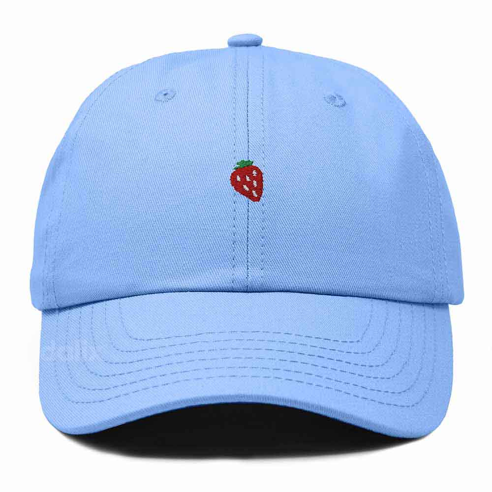 Dalix Lil Strawberry Embroidered Cotton Summer Outdoor Baseball Cap Dad Hat Womens in Light Blue