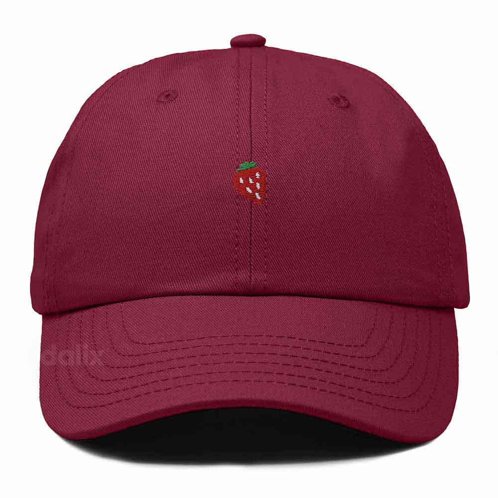 Dalix Lil Strawberry Embroidered Cotton Summer Outdoor Baseball Cap Dad Hat Womens in Maroon