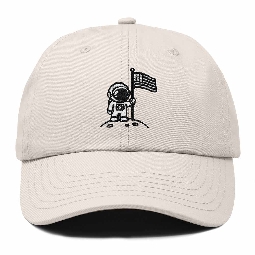 Dalix Moon Mission USA Flag Embroidered Dad Hat Adjustable Cotton Baseball Cap Unstructured Low Profile Everyday Americana Hat Mens in Beige