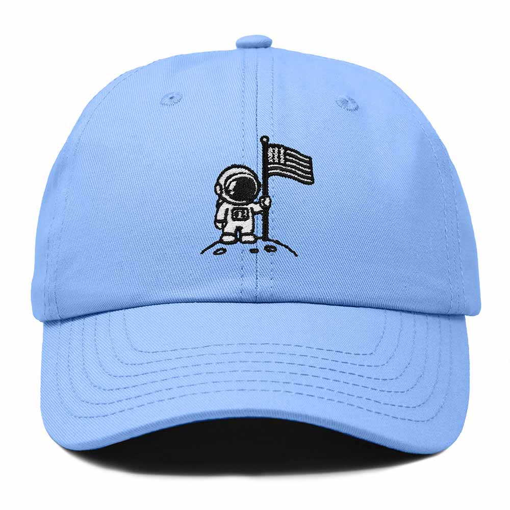 Dalix Moon Mission USA Flag Embroidered Dad Hat Adjustable Cotton Baseball Cap Unstructured Low Profile Everyday Americana Hat Mens in Light Blue