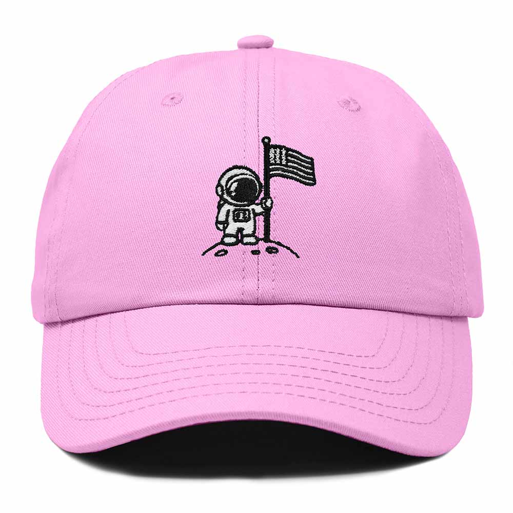 Dalix Moon Mission USA Flag Embroidered Dad Hat Adjustable Cotton Baseball Cap Unstructured Low Profile Everyday Americana Hat Mens in Light Pink