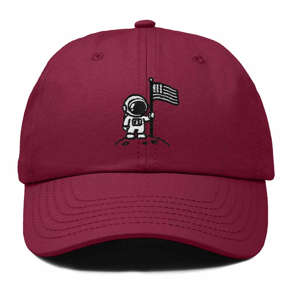 Dalix Moon Mission USA Flag Embroidered Dad Hat Adjustable Cotton Baseball Cap Unstructured Low Profile Everyday Americana Hat Mens in Maroon