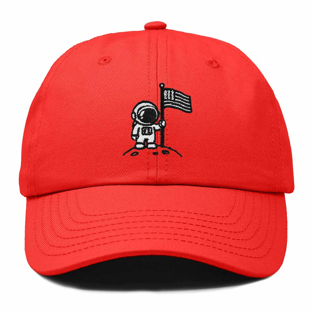 Dalix Moon Mission USA Flag Embroidered Dad Hat Adjustable Cotton Baseball Cap Unstructured Low Profile Everyday Americana Hat Mens in Red