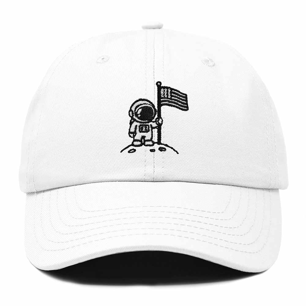 Dalix Moon Mission USA Flag Embroidered Dad Hat Adjustable Cotton Baseball Cap Unstructured Low Profile Everyday Americana Hat Mens in White