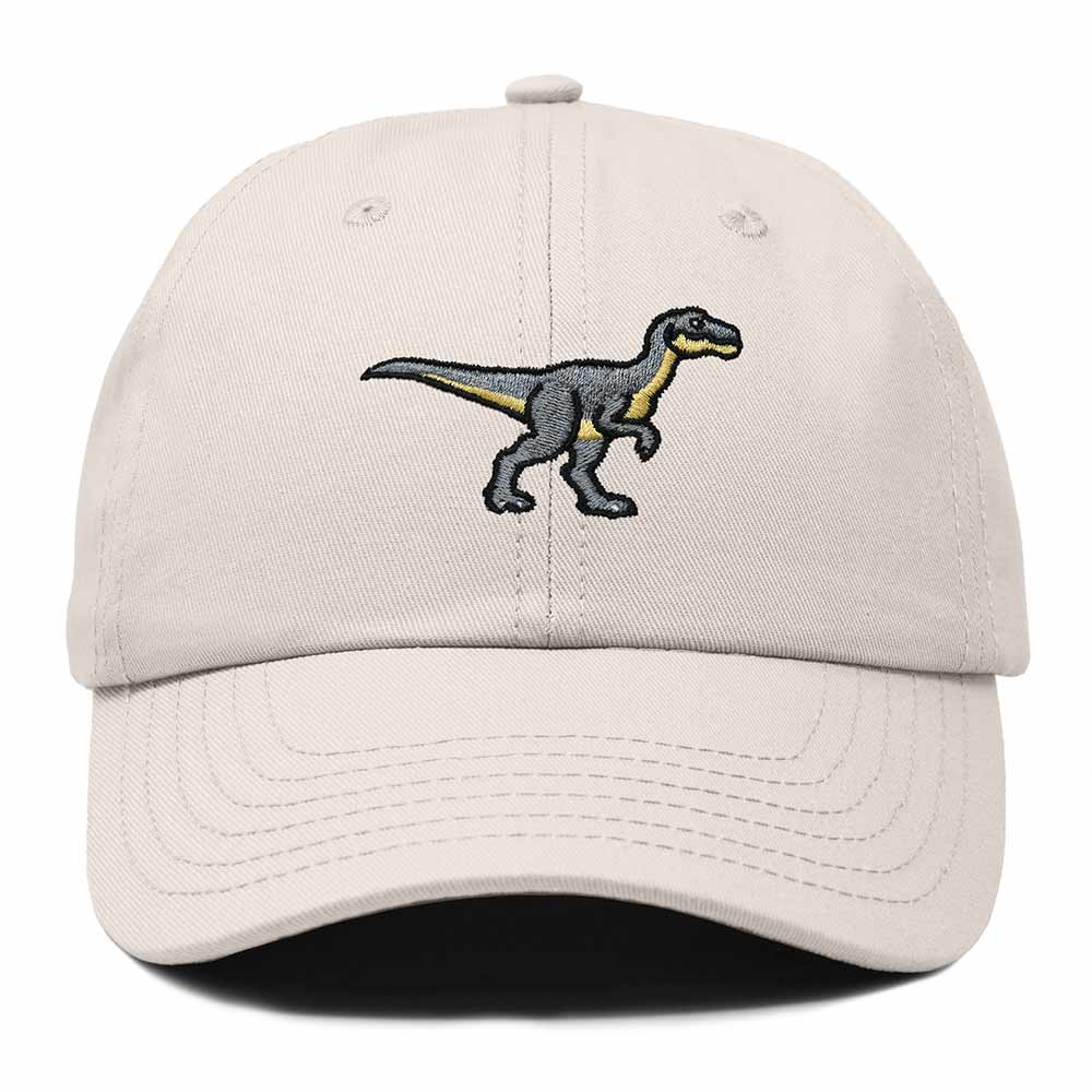 Dalix Velociraptor Embroidered Dinosaur Cotton Summer Outdoor Baseball Cap Dad Hat Mens in Beige