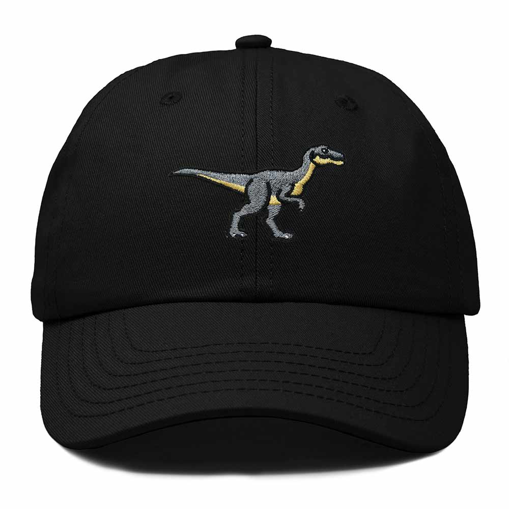 Dalix Velociraptor Embroidered Dinosaur Cotton Summer Outdoor Baseball Cap Dad Hat Mens in Black