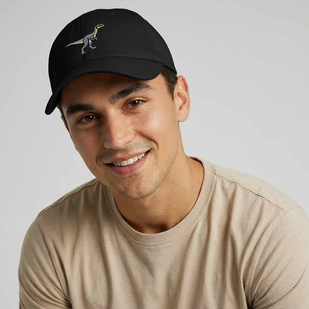 Dalix Velociraptor Embroidered Dinosaur Cotton Summer Outdoor Baseball Cap Dad Hat Mens in Black