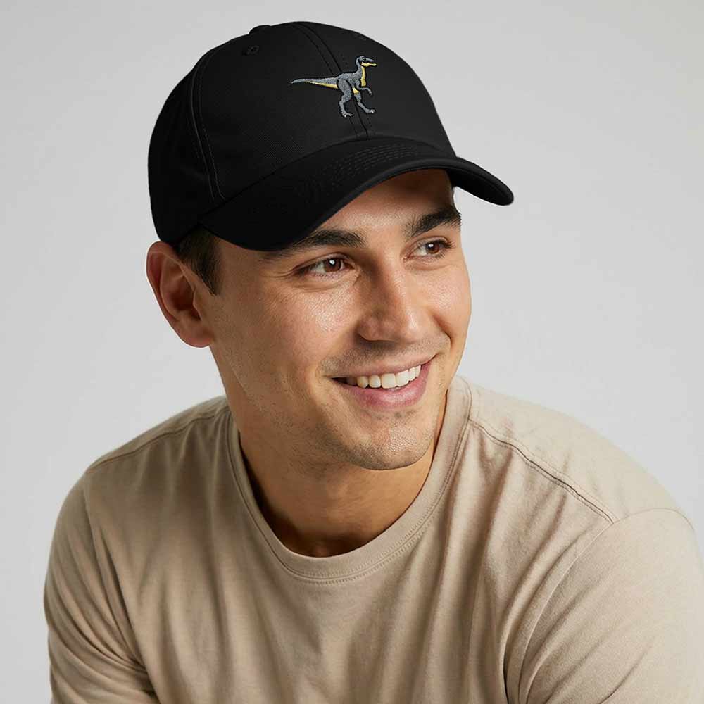 Dalix Velociraptor Embroidered Dinosaur Cotton Summer Outdoor Baseball Cap Dad Hat Mens in Black