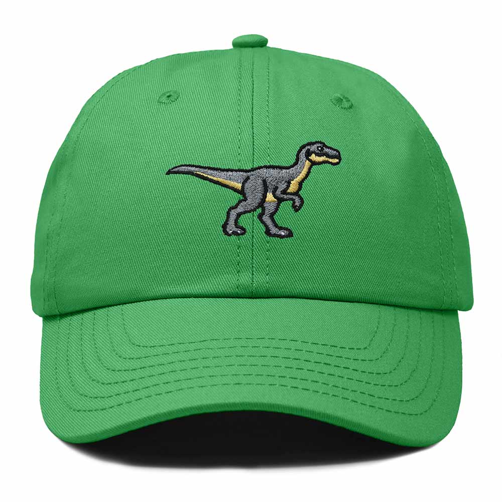 Dalix Velociraptor Embroidered Dinosaur Cotton Summer Outdoor Baseball Cap Dad Hat Mens in Kelly Green